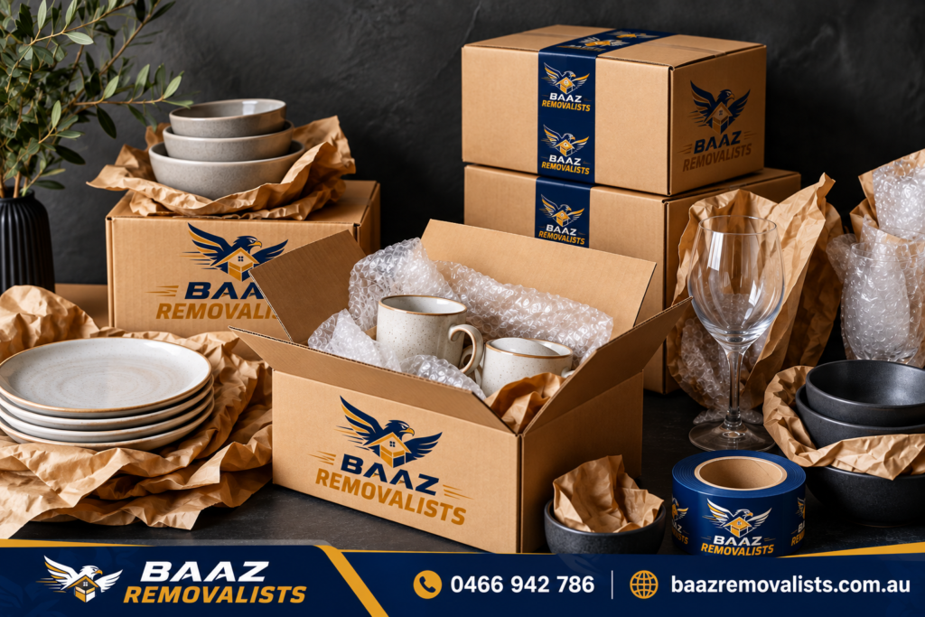 Fragile kitchenware protected in moving boxes with orange packing tape
