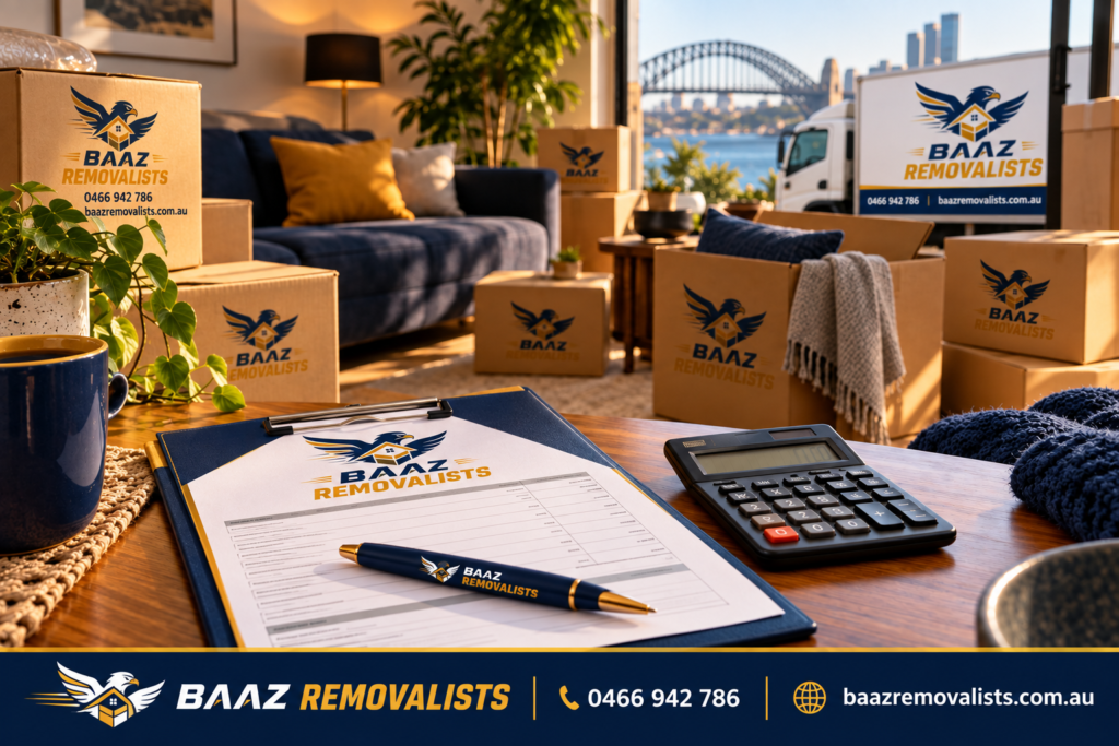 Written moving estimate and calculator beside packed boxes in a Sydney home