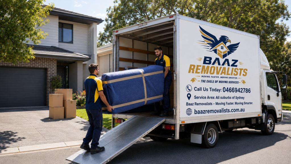Professional home removalists in Blacktown carefully loading a protected sofa into a moving truck outside a suburban home.