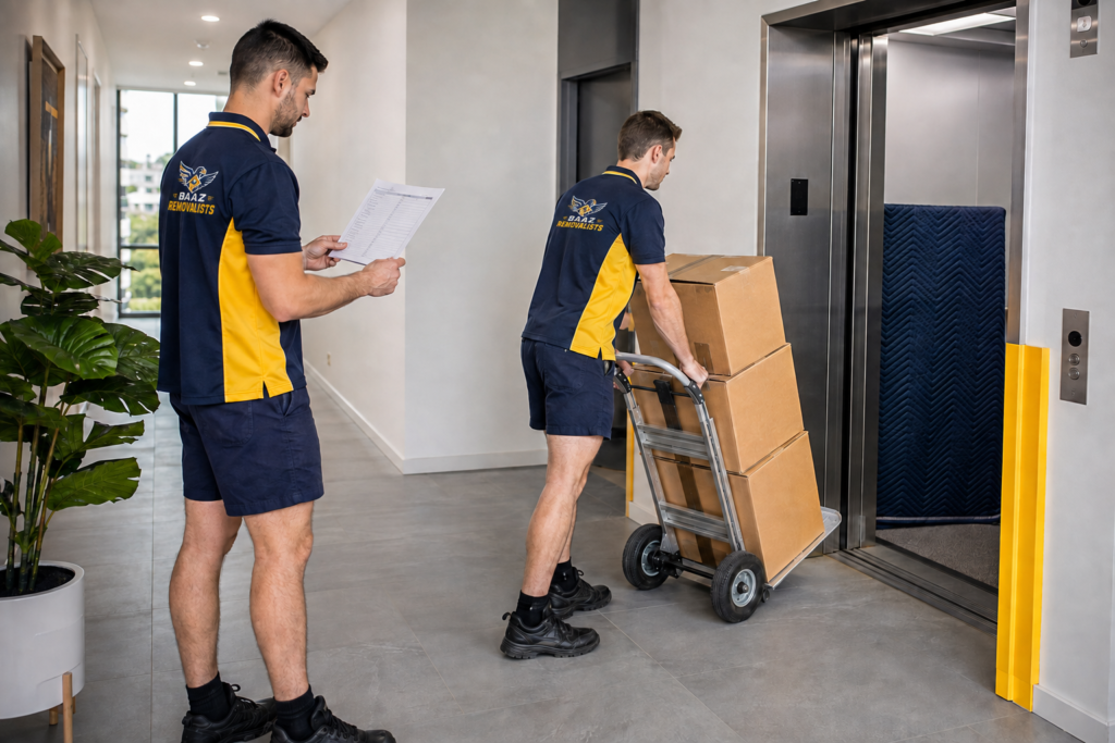 Professional Blacktown apartment removalists move sealed boxes safely toward a reserved service lift using a trolley and moving plan.
