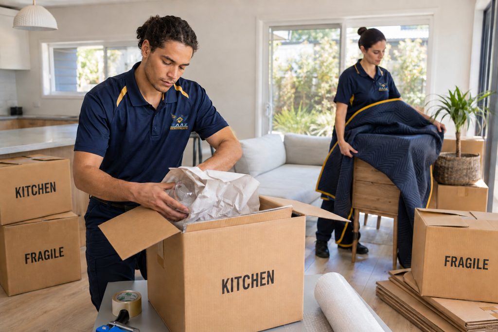 : Professional movers carefully pack glassware and protect furniture with labelled boxes for a Blacktown house move.